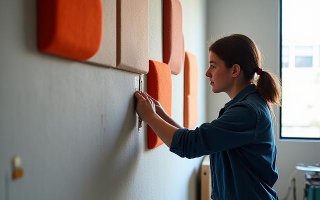 एक पेशेवर स्टूडियो में ध्वनिक पैनल और ध्वनि अवशोषण सामग्री स्थापित करने वाला व्यक्ति, ध्वनिक परामर्श का प्रतिनिधित्व करता है.