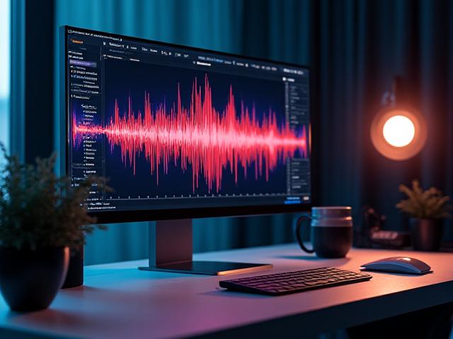 कंपनी के लोगो के साथ एक आधुनिक स्टूडियो सेटिंग में ऑडियो वेवफॉर्म ग्राफिक्स।