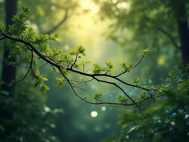 एक जंगल में पत्तियों और हवा की ध्वनि की लहरों का प्रतिनिधित्व करने वाला एक अमूर्त ध्वनि डिज़ाइन।