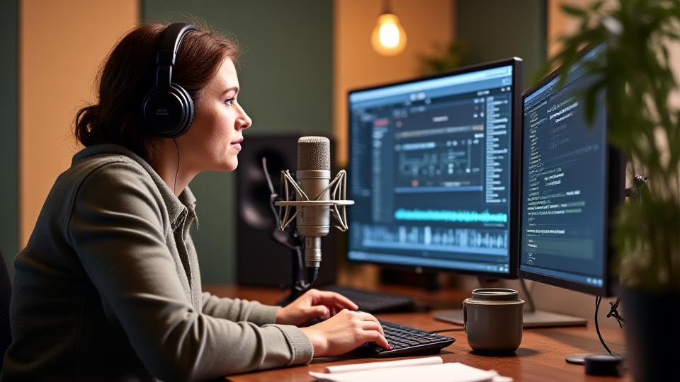 पॉडकास्ट उत्पादन जीवनचक्र: एक पेशेवर स्टूडियो में माइक्रोफोन के सामने पॉडकास्टर रिकॉर्डिंग.