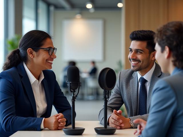 कॉर्पोरेट पॉडकास्ट के लिए एक व्यावसायिक सेटिंग में बैठे, मुस्कुराते हुए दो व्यक्ति, माइक्रोफोन के साथ बातचीत करते हुए।