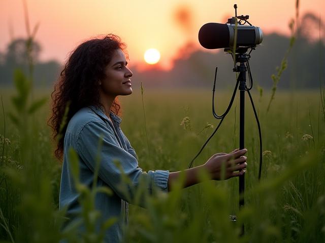 एक माइक्रोफोन के साथ घास के मैदान में रिकॉर्डिंग करने वाला एक फील्ड रिकॉर्डिस्ट, कीटध्वनि के अध्ययन को दर्शाता है।