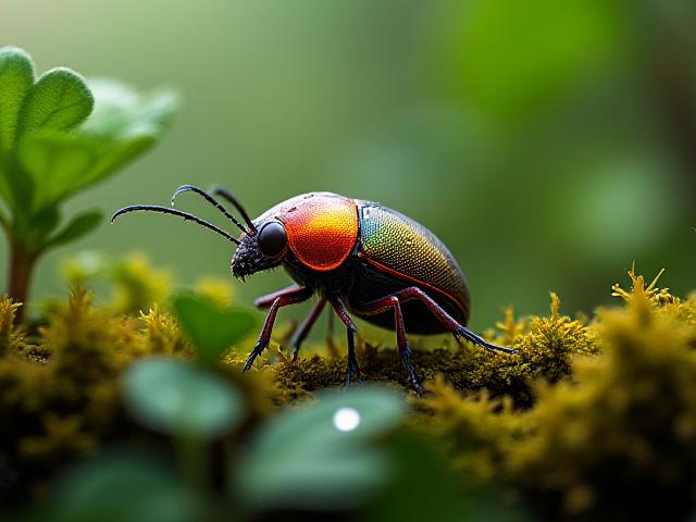 जंगलों में छिपे हुए चमकीले रंग के कीड़े की क्लोज-अप तस्वीर, कीट-थीम वाले पॉडकास्ट को दर्शाती है।
