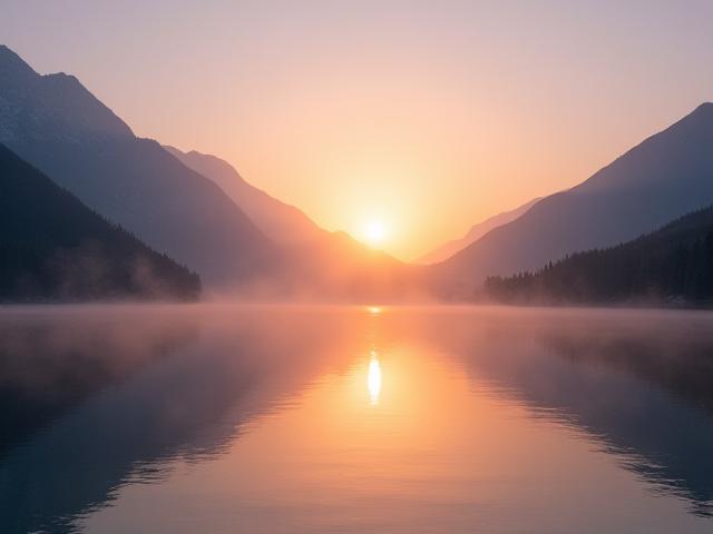 एक शांत पहाड़ी झील पर उगते सूरज की एक शांत छवि, ध्यान ध्वनि परिदृश्य को दर्शाती है।