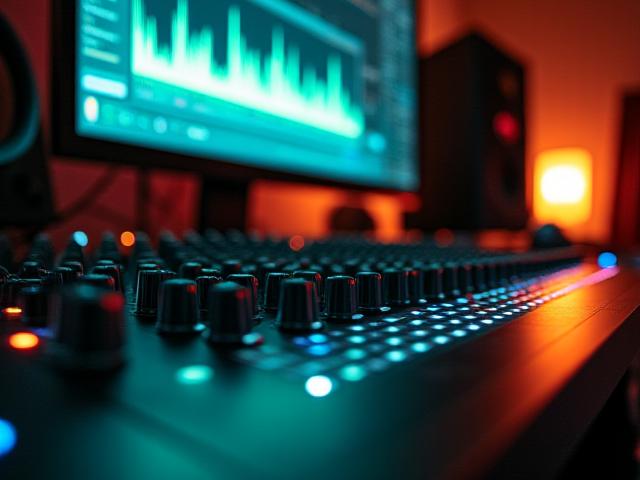 कंप्यूटर मॉनिटर और मिक्सिंग कंसोल के साथ रचनात्मक साउंड डिज़ाइन स्टूडियो.